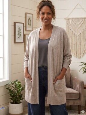 89th + Madison Heather Beige Open Front Cardigan Plus Size 3X